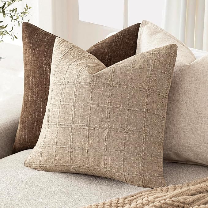 Foindtower Set of 2 Decorative Linen Check Throw Pillow Covers Neutral Farmhouse Vintage Cushion Covers Modern Coastal Boho Home Decor for Sofa Chair Couch Bedroom Living Room,26×26 Inch,Camel