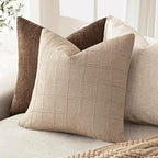 Foindtower Set of 2 Decorative Linen Check Throw Pillow Covers Neutral Farmhouse Vintage Cushion Covers Modern Coastal Boho Home Decor for Sofa Chair Couch Bedroom Living Room,26×26 Inch,Camel