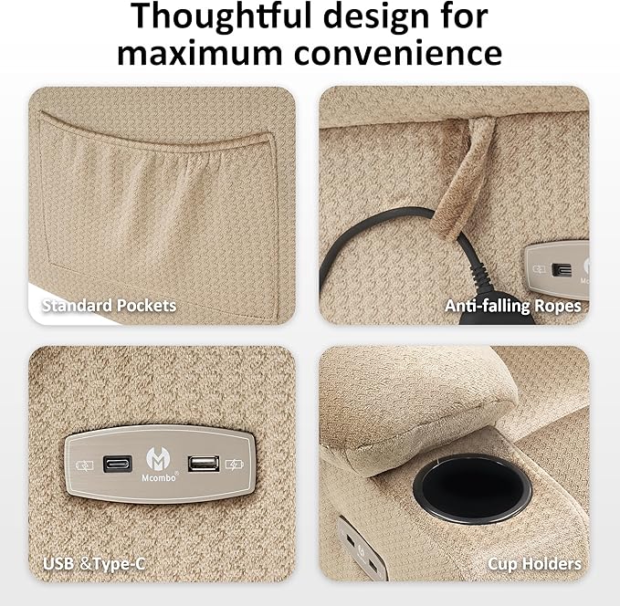 MCombo Dual Motor Power Lift Recliner Chair with Massage and Heat for Elderly People, Infinite Position, USB Ports, Cup Holders, Fabric 7679 (Medium, Beige)