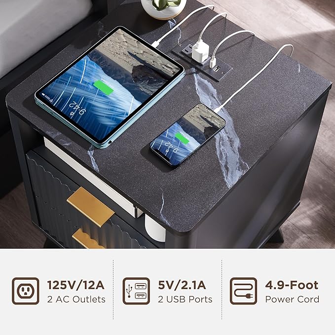 T4TREAM Fluted Nightstand with Charging Station, 18" Modern SideTable with Faux Marble Top, 2 Drawers End Table w/Storage, Bedside Table for Bedroom, Living Room, Curved Profile Design, Dark Grey