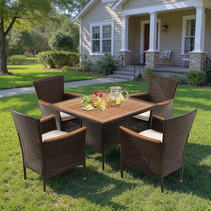 Wisteria Lane Patio Outdoor Table and Chairs Set, Rattan Outdoor Patio Furniture Set with Removable Cushions, Outdoor Patio Dining Sets with Acacia Wood Tabletop for Deck Garden Backyard, Brown