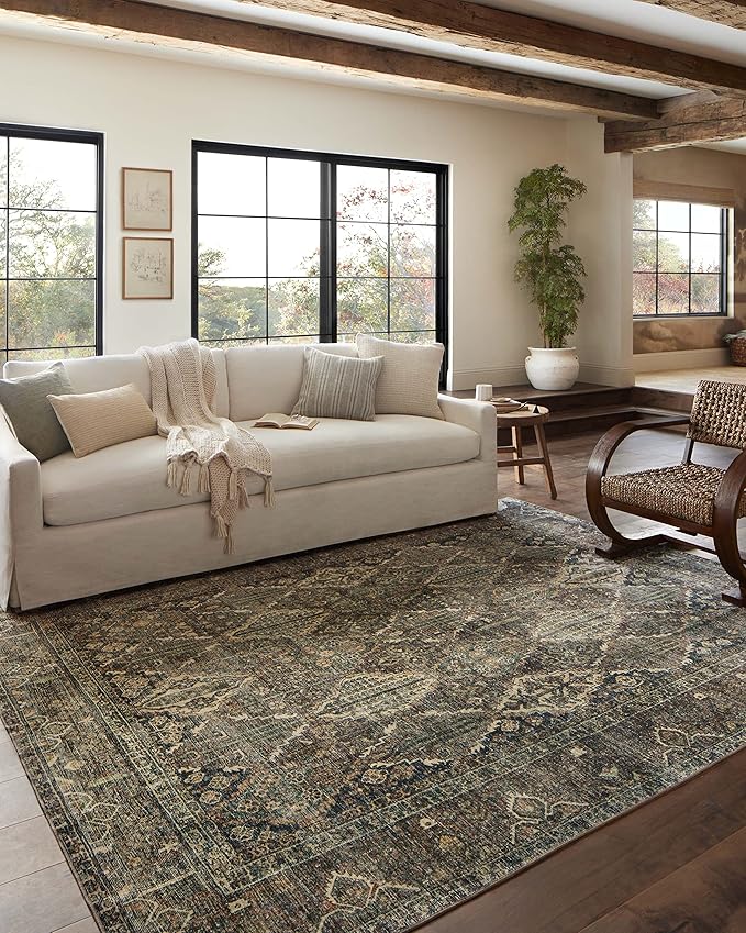 Loloi Magnolia Home by Joanna Gaines Banks Collection BAN-05 Spice/Blue 3'-6" x 5'-6" .13" Pile Height, Machine Washable, Accent Rug