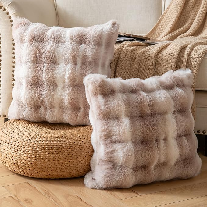Pack of 2 Thick Plush Throw Pillow Covers Fluffy Wave Faux Fur Decorative Cushion Covers Soft Wool Pillowcase for Sofa Couch Livingroom 20x20 Inch White Taupe