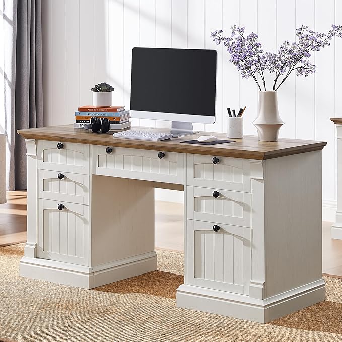 OKD 60" Executive Desk with Drawers, Farmhouse Home Office Desk with Charging Station, Keyboard Tray, File Cabinet Storage, Wood Computer Desk for Work and Study, Antique White