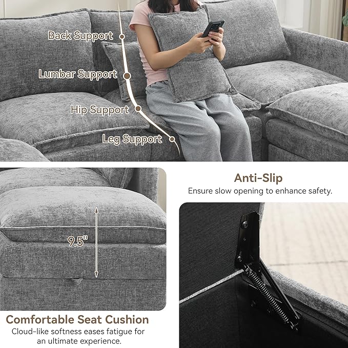 80"Cloud Modular 3 Seater Sofa with Storage Ottoman, Modern Upholstered Storage Sofa Couch Deep Seat, L Shape Sectional Sofa Chenille Comfy Couch with Armrests for Living Room, Small Space, Light Grey