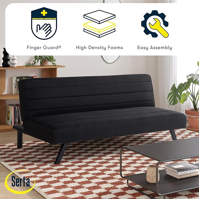 Serta® Damien 66.1" Convertible Futon Sofa, Dreamcoil® Comfort, FingerGuard® Pinch Point Protection, Woven Polyester Fabric, Black