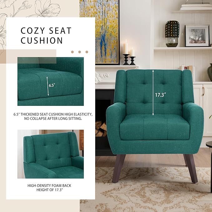 Accent Chair, Mid-Century Modern Upholstered Armchair, Comfy Fabric Living Room Chairs Reading Chairs with Button Tufted Back & Solid Wood Legs for Bedroom, Office, Light Blue