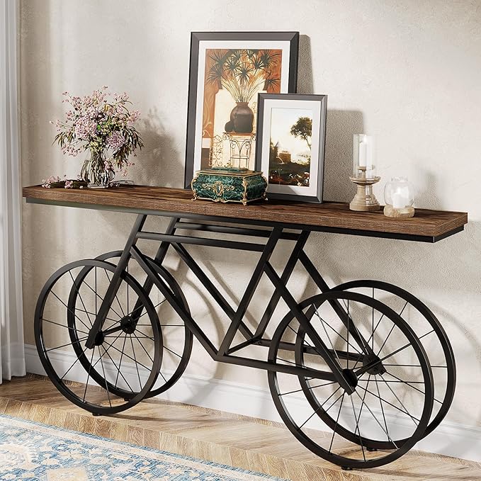 Tribesigns 70.9-Inch Extra Long Console Table, Narrow Sofa Table with Bicycle Metal Base, Modern Industrial Entryway Table Behind Couch Table for Living Room, Hallway, Entrance, Foyer, Rustic Brown