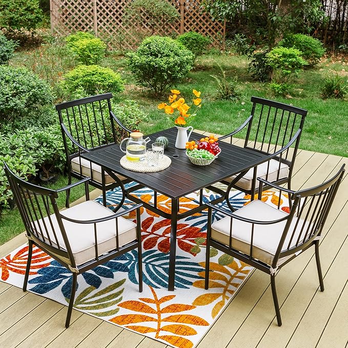 Sophia & William Patio Furniture Outdoor 5 Pieces Dining Set for 4, Metal Patio Table and 4 Chairs, Patio Conversation Set with Seat Cushions and Umbrella Hole for Porch Yard Balcony