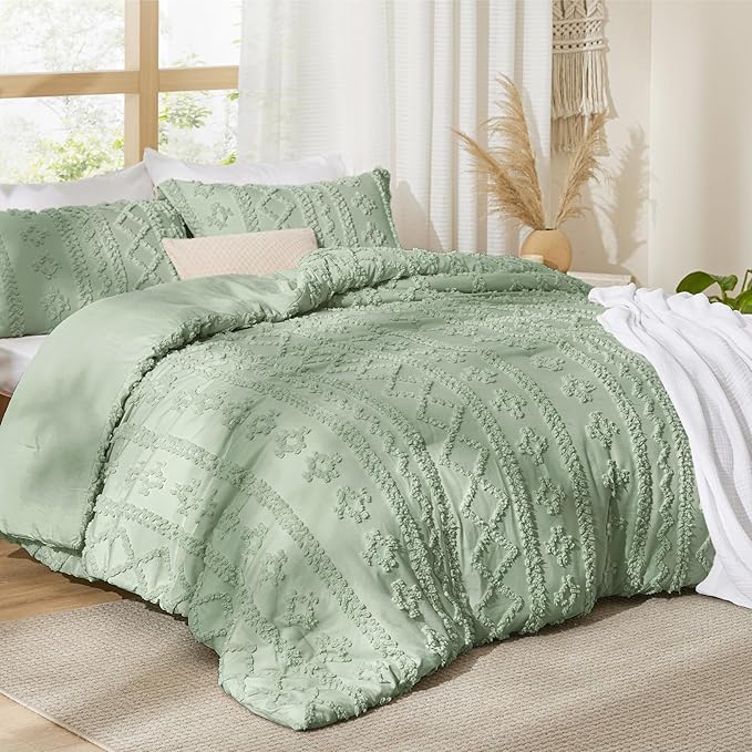 Bedsure Tufted Boho Comforter Set Twin Size - Sage Green Boho Bed Set, GentleSoft™ 2 Pieces Farmhouse Shabby Chic Embroidery Bedding, Gifts for Woman, Soft Jacquard Twin Comforter for All Seasons