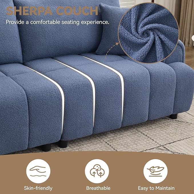 88 "Modern Boucle Sofa Couch, Oversized Comfy 3 Seater Sherpa Curved Sofas Deep Seat, Upholstered Loveseat Teddy Round Arm Couches for Living Room, Bedroom, Blue