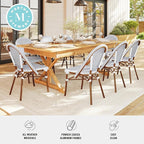 Martha Stewart Lily Pond Indoor-Outdoor Stackable Bistro Chairs with Natural Woodgrain Aluminum Frame Finish, White/Navy Woven Rattan Backrests/Seats, Set of 2