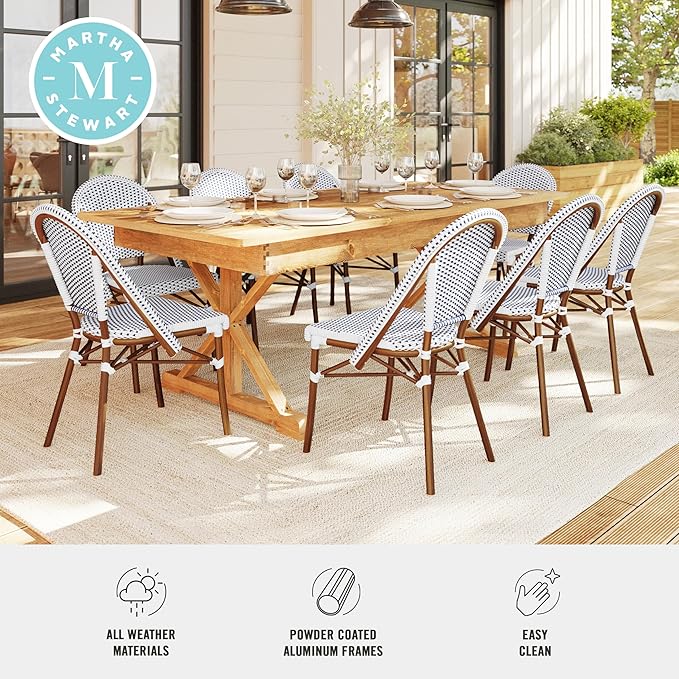Martha Stewart Lily Pond Indoor-Outdoor Stackable Aluminum Bistro Chair with Natural Woodgrain Frame Finish and White/Navy Woven Rattan Backrest and Seat