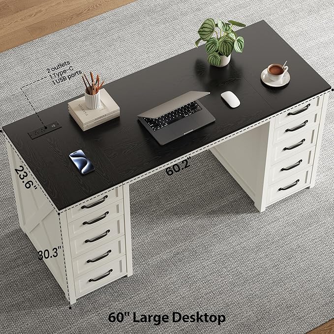 WOPITUES 60" Farmhouse Home Office Desk with 10 Wooden Drawers, Rustic Computer Writing Desk with Power Outlets, Large Executive Desk with Storage Cabinet for Work Study Writing, Black & White