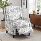 Pushback Recliner Chair Set of 2, Floral Fabric Wingback Recliner Chair, Upholstered Armchair Push Back Recliner, Rivet Trim Single Sofa Accent Chair with Wood Legs for Living Room, Plants Blue