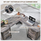 T4TREAM 59" L Shaped Executive Desk with Drawers,Farmhouse Wood Computer Desk, Featuring Charging Station,File Drawer, Storage Cabinet,for Home Office Work and Study (Dark Rustic Oak)