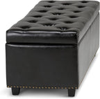 SIMPLIHOME Hamilton 48 inch Wide Transitional Rectangle Storage Ottoman in Midnight Black Vegan Faux Leather, Assembled, For the Living Room, Entryway and Family Room