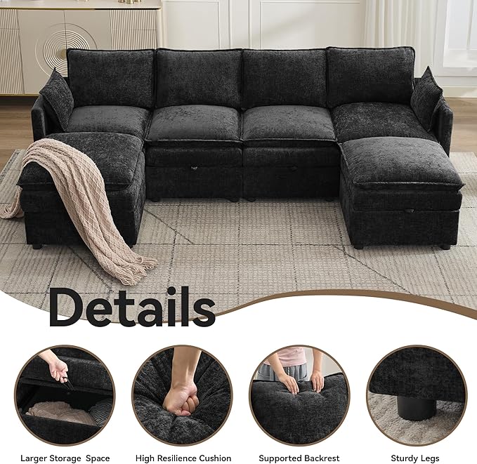 105" Cloud Modular 4 Seater Sofa with 2 Storage Ottoman, Modern Upholstered Sofa Storage Sofa Couch Deep Seat, U Shape Sectional Sofa Chenille Comfy Couch with Armrests for Living Room, Black