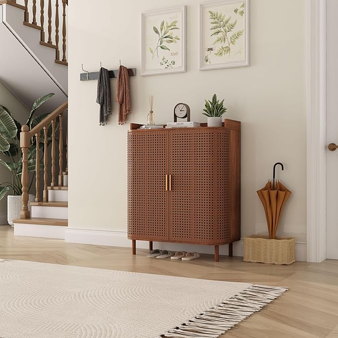 ORRD Shoe Cabinet, 5 Tier Boho Wooden Shoe Storage Organizer Cabinet with Adjustable Shelves, Shoes Rack with Iron Rattan Curved Doors Accent Cabinet for Entryway Hallway Living Room, Walnut