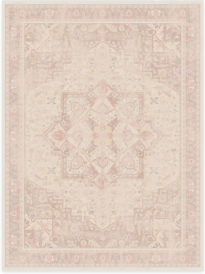 RUGGABLE Washable Area Rug – Kamran Soft Pink 9x12, Stain-Resistant, Non-Slip – Large Machine Washable Rugs for Living Room, Bedroom, Hallway, Entryway & Office–with Cushioned Pad