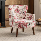 Floral Accent Chair, Upholstered Living Room Chairs with Solid Wood Legs, Mid Century Modern Velvet High Back Armchair for Living Room, Bedroom, Pink