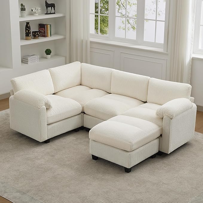 87'' U-Shaped Sectional Sofa with Ottoman, 5-Seater Modular Couches for Living Room, Corduroy Deep Seat Cloud Sofa with Center Stitched, Beige
