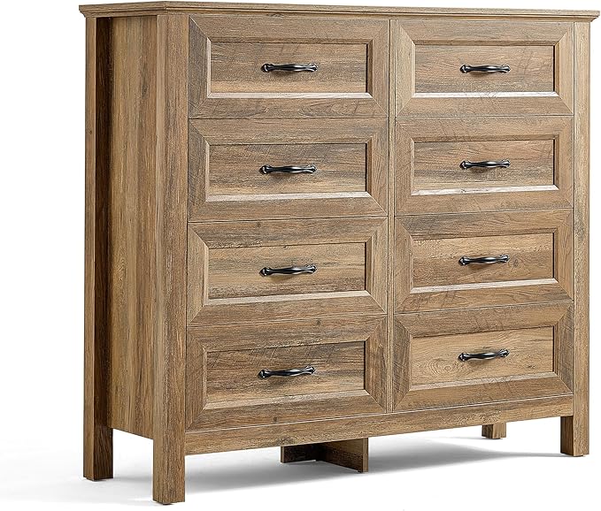 LINSY HOME Updated Dresser for Bedroom with 8 Drawers, Wide Chest of Drawers, Wooden Bedroom Dresser with 1 pcs Fabric Divider Organizer, Storage Organizer for Closet, Living Room, Rustic Oak