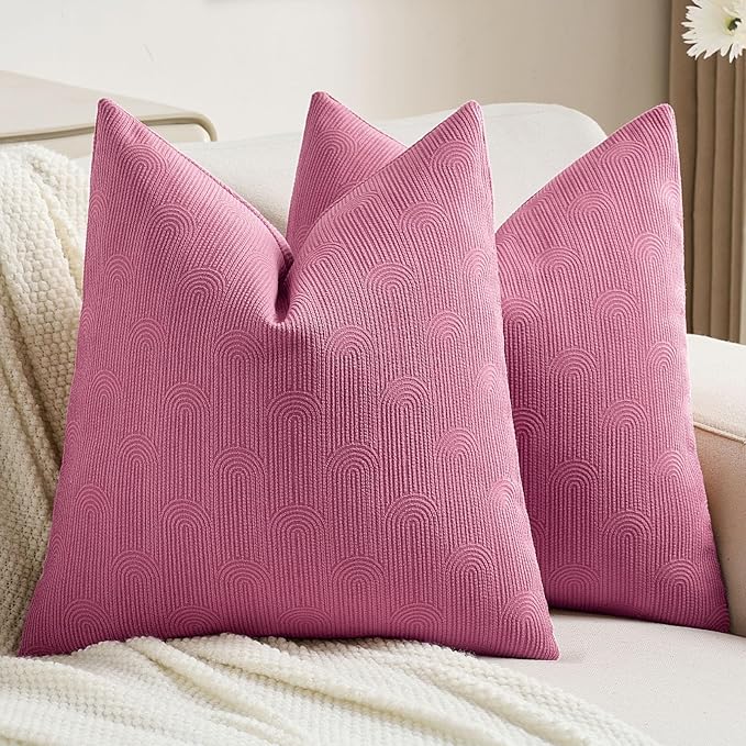 FUTEI Hot Pink Chenille Decorative Throw Pillow Covers 20x20 Inch Set of 2,Soft Cozy Striped Geometric Patterns Cushion Cases,Modern Home Decor for Couch Bed Living Room