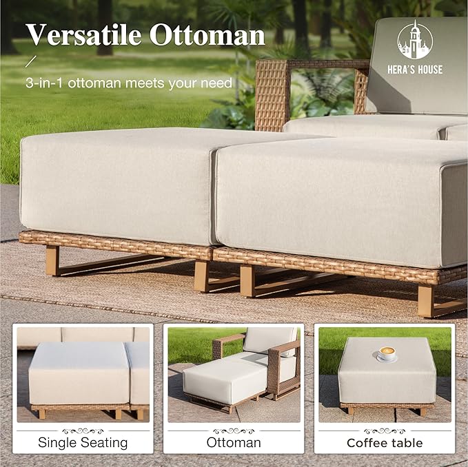 HERA'S HOUSE 6 Pieces Patio Furniture Set, 4 Sectional Outdoor Rattan Wicker Sofas with 2 Ottomans, All Weather Patio Conversation Set with 5.3" Widened Armrest, 10" Ultra Thick Cushion for Deck