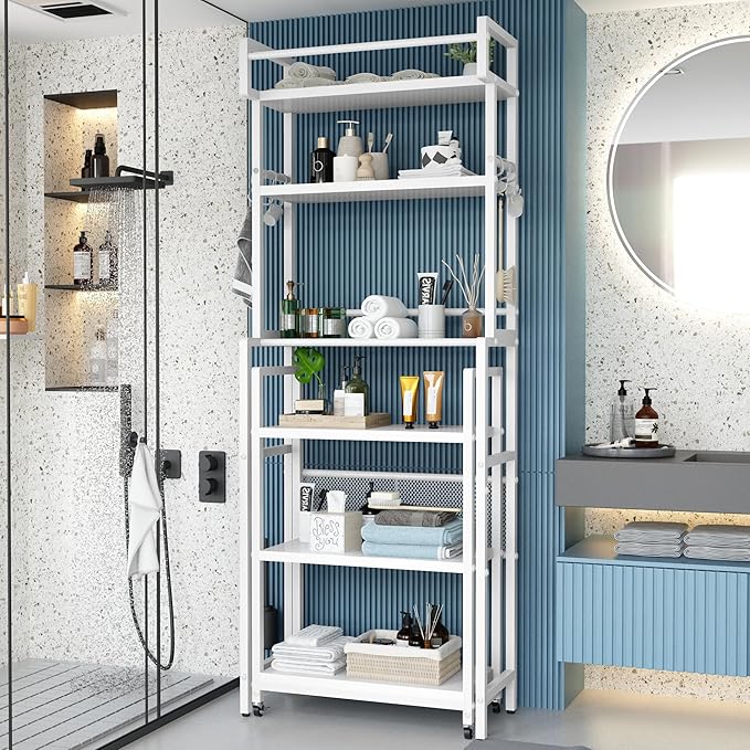 Recaceik 6-Tier Over The Toilet Storage Shelf with Cart, Freestanding Above Toilet Shelf Rack, Farmhouse Bathroom Organizer Shelves, Space Saver (White)