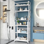 Recaceik 6-Tier Over The Toilet Storage Shelf with Cart, Freestanding Above Toilet Shelf Rack, Farmhouse Bathroom Organizer Shelves, Space Saver (White)