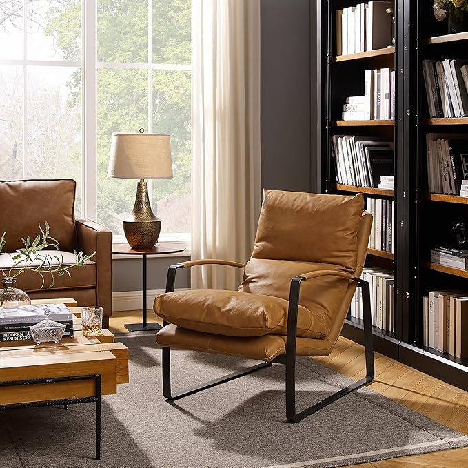 Art Leon Set of 2 Genuine Leather Accent Chairs, Mid Century Modern Lounge Chair Living Room Sofa Chair with Black Metal Frame, Light Brown