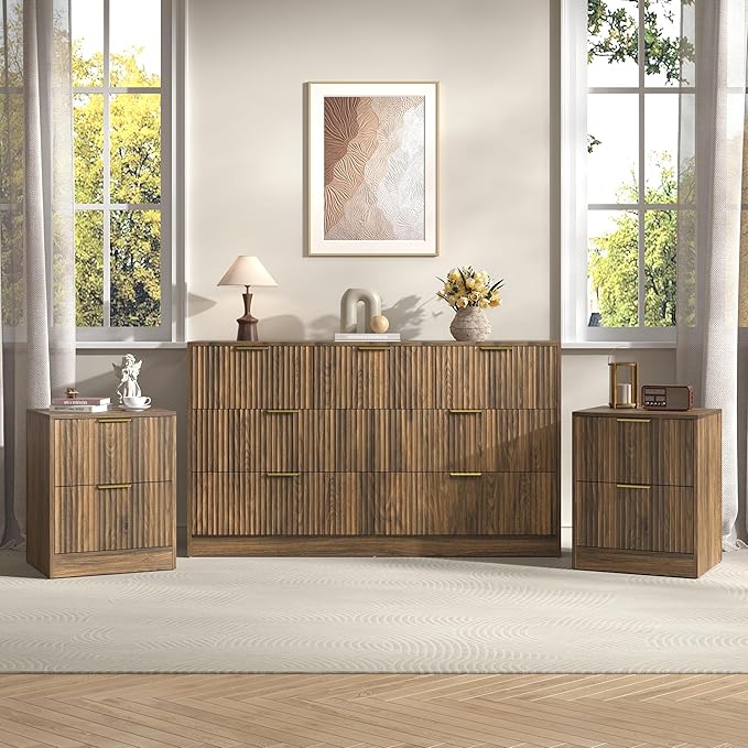 3-Piece Modern Bedroom Furniture Set, Wide 7-Drawer Dresser & 2-Drawer Nightstands Set of 2, Natural Wood Dresser and Nightstand Sets for Bedroom, Hallway, Walnut