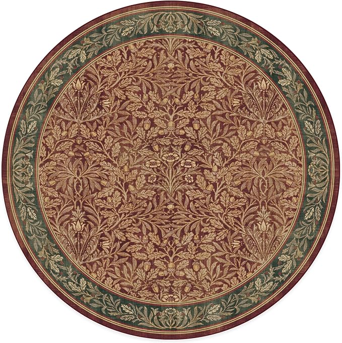 RUGGABLE x Morris & Co Machine Washable Christmas Area Rug – Acorn Amber Red 8 ft Round, Stain-Resistant, Non-Slip – Large Rugs for Living Room, Bedroom, Hallway, Entryway & Office–with Cushioned Pad