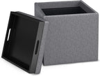 SIMPLIHOME Rockwood 18 inch Wide Contemporary Square Cube Storage Ottoman with Tray in Slate Grey Linen Look Fabric, Assembled, For the Living Room, Entryway and Family Room