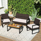 Tangkula 4 Pieces Patio Furniture Set, Outdoor Rattan Conversation Set w/Cushioned Chairs & Wood Plastic Coffee Table, Wicker Sectional Seating Furniture for Backyard, Poolside, Porch (Off White,1)