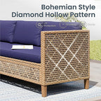 PHI VILLA Wicker Patio Furniture Set, 6 Seats Sectional Outdoor Sofa with Cushions and Acacia Wood Coffee Table, Patio Conversation Set for Garden, Backyard or Balcony, Navy Blue