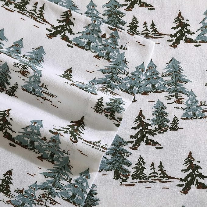 Eddie Bauer - Flannel Sheets Full Size, Anti-Pilling & Wrinkle Resistant Cotton, Touchably Soft for All-Season Comfort - Bed Sheets with Matching Pillowcases & Fitted Sheet (Snowy Pine Trees Green)