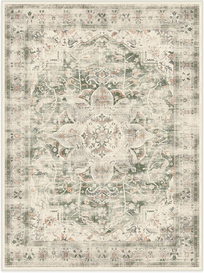 RUGGABLE Washable Vintage Area Rug – Sarrah Sage 9x12, Stain-Resistant, Non-Slip – Large Machine Washable Rugs for Living Room, Bedroom, Hallway, Entryway & Office–with Standard Pad