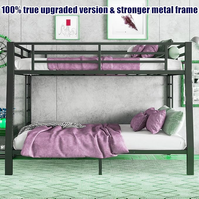 Latest Upgrade & Stronger Steel Full XL Over Queen Bunk Bed, Heavy Duty Thickened More Rust-Proof Metal Bunk Queen Bed with Enhanced Legs & Slats (Easier Assembly) (Full XL Over Queen)