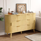 Fluted 6 Drawers Dresser, 55'' Wide Mid Century Modern Chest of Drawers with Sliding Door & Metal Handles, Curved Profile & Sturdy Legs, Wood TV Stand for Bedroom, Living Room (Natural Oak)