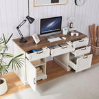 60" Farmhouse Executive Desk with Charging Station,Home Office Desk with 4 Drawers & 1 Cabinet&1 File Cabinet,Main Drawer with Lock,Wood Desk for Office and Home