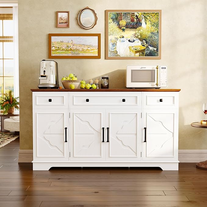 IRONCK 56” Farmhouse Sideboard Buffet Cabinet with 4 Doors and 1 Drawer, Buffet Table with Hidden Removable Drawers, 4 Adjustable Shelves, Dining Room Storage Cabinet for Kitchen or Living Room, White