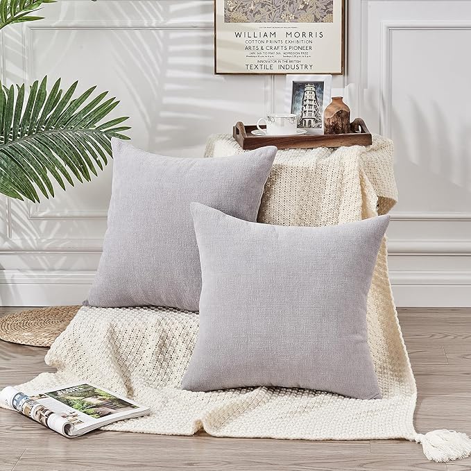 GAWAMAY Decorative Square Throw Pillow Covers 22"x22" Inch Set of 2, Super Soft Chenille Pillows Farmhouse Fall Pillowcase for Living Room Bedroom Sofa Couch Cushion Cover Light Grey 55x55cm