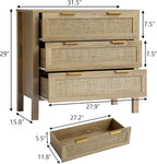 3 Drawer Dressers for Bedroom, Rattan Dresser with Drawers, Modern Wood Dresser with Metal Handles, Chest of Drawers for Bedroom, Living Room, Entryway (3 Drawer)