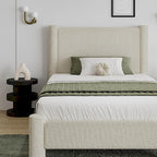 Twin Size Bed Frame, Boucle Upholstered Platform Bed with Headboard and Footboard, Soft Rounded Corners, No Box Spring Required, Easy Assembly, Cream
