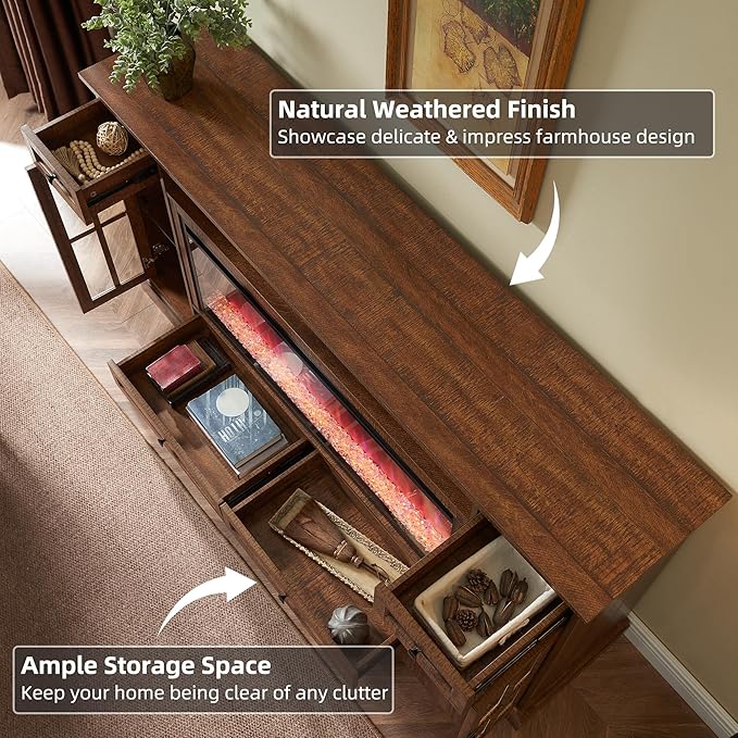 OKD Fireplace TV Stand for 80 Inch TV, Farmhouse Entertainment Center with 42" Fireplace & LED Lights, Modern Media Console Table with Storage Drawers & Cabinets for Living Room, Reclaimed Barnwood