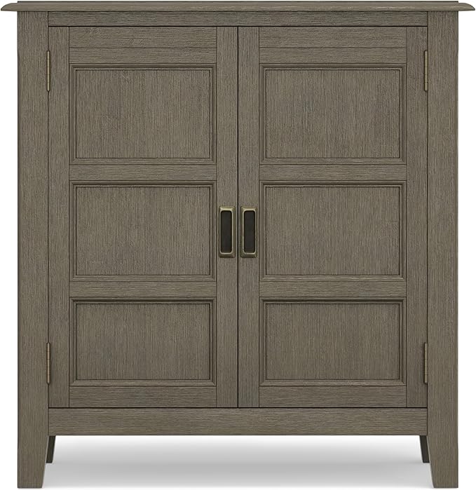 SIMPLIHOME Burlington SOLID WOOD 30 inch Wide Transitional Low Storage Cabinet in Farmhouse Grey for the Living Room, Entryway and Family Room