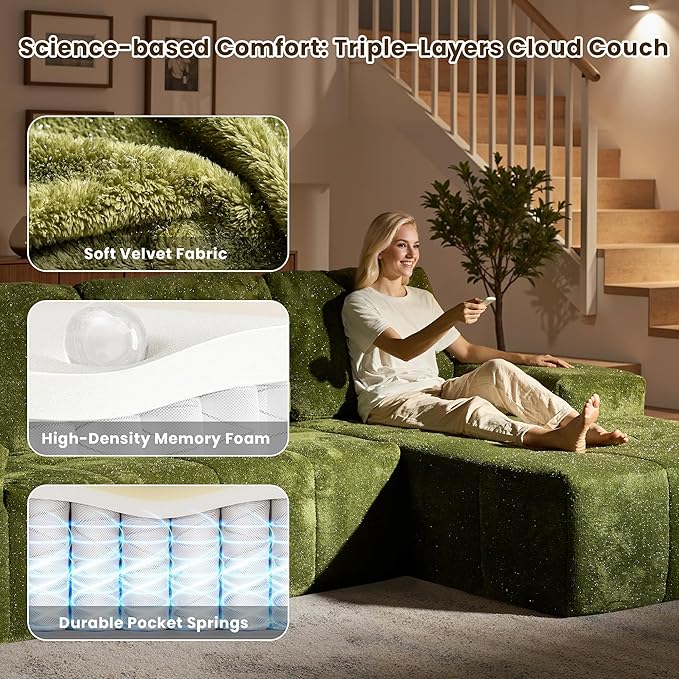 114" Glitter Cloud Sectional Couch with L-Shape Chaise, Modern Boneless Couches for Living Room Christmas Party, Fluffy Tufted Deep Seat Modular Sofa in a Box No Assembly