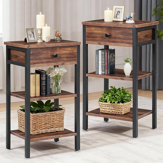 VECELO Tall End Table,Nightstand with Drawer and Adjustable Storage Shelf,27.6 inch Side Table for Living Room/Bedroom/Entryway Small Spaces